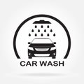 Car wash icon or label with auto shower and water drops. Vector illustration of washing vehicle symbol in flat design. Royalty Free Stock Photo